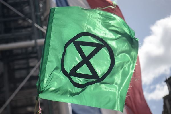 Un militant d’Extinction Rebellion brandit un drapeau aux couleurs du mouvement à Paris, lors d’une manifestation en avril 2019 (illustration).