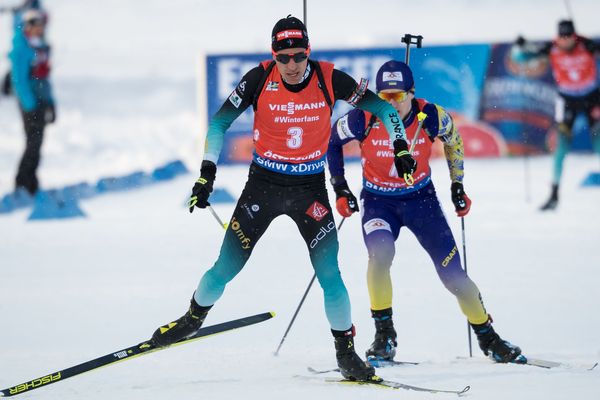 Quentin Fillon-Maillet, lors de la poursuite de 12.5 km lors des mondiaux de Suède. 