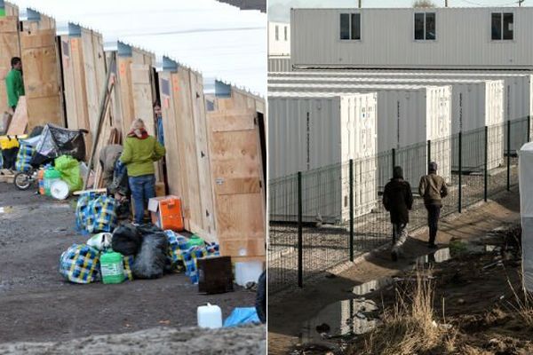 A gauche, le nouveau camp de Grande-Synthe, à droite les containers du Centre d'Accueil Provisoire (CAP) de Calais.