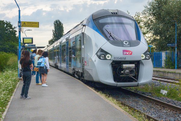 Un TER Fluo à l'arrêt en gare de Gambsheim (Bas-Rhin).