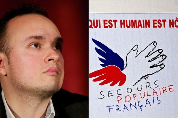 Christopher Szczurek, adjoint à la culture, vie associative et citoyenne, démocratie directe à Hénin-Beaumont. Le logo du Secours populaire. 