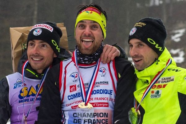 François Braud, Jason Lamy-Chappuis et Maxime Laheurte en 2015 à Chaux-Neuve (Doubs)