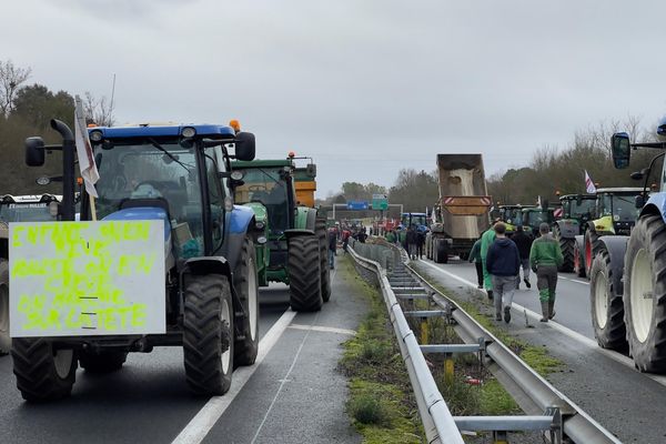 Le cortège des agriculteurs occupe l'A10 au niveau de Saintes en Charente-Maritime.