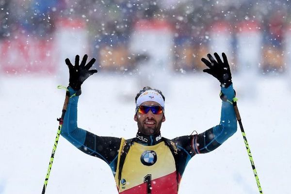 Martin Fourcade après sa victoire du 12,5 km le 15 janvier 2017 à Ruhpolding. 
