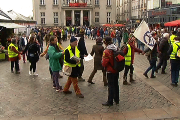 Les opposants au projet de transfert de l'aéroport ont manifesté sous forme de déambulation le 23 janvier 2016 à la veille du rendu du jugement sur les expulsions de paysans de la zone de Notre-Dame-des-Landes