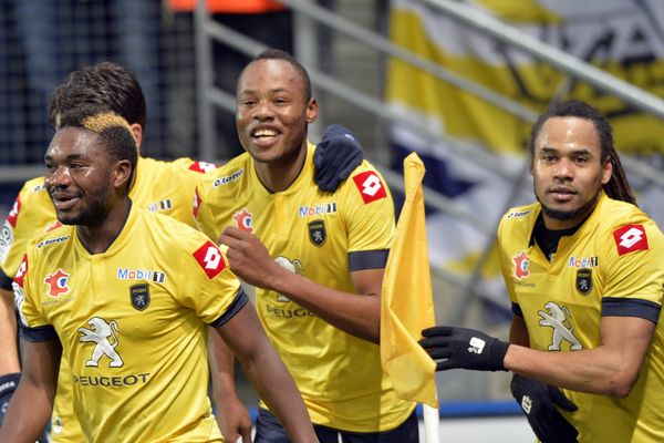 Championnat de France de football de ligue 1 Sochaux - Nantes :  But de Stoppila Sunzu et joie de Sochaux (  le 1er/02/2014 )