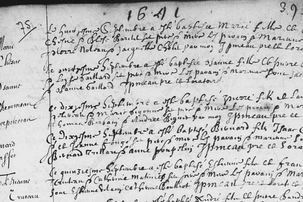 L'acte de baptême d'Etienne Truteau, né en 1641 à La Rochelle, aïeul du Premier ministre canadien, Justin Trudeau.