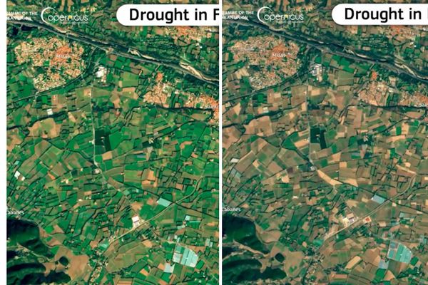 Sur la photo de gauche, la situation dans les Pyrénées-Orientales en février 2021. Sur celle de droite, la situation dans le même secteur en février 2023.