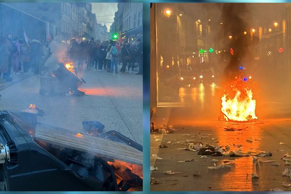 Des poubelles ont été brûlées lors de la manifestation improvisée à Dijon le 16 mars