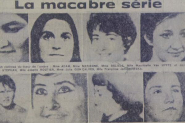 Un journal de l'époque affiche les visages des huit victimes du "tueur de l'ombre", qui a sévi à Nogent-sur-Oise et sa périphérie entre 1969 et 1976.