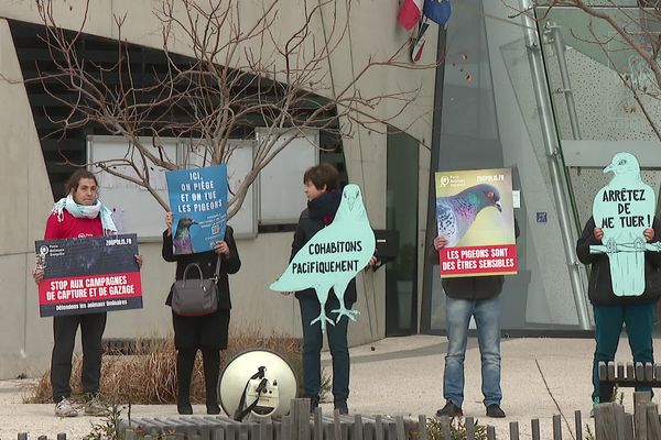 L'association PAZ (Paris Animaux Zoopolis) a manifesté devant la mairie de Vaulx-en-Velin, le mercredi 21 février, pour dénoncer les méthodes d'abatage des pigeons par la Ville.