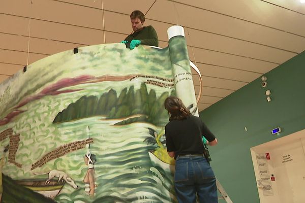 Installation de la toile monumentale de Sylvie Selig au macLyon (20/2/24)