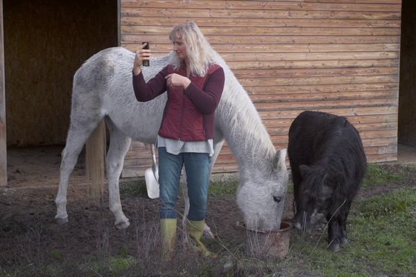 Sandra Forgues dans sa propriété, avec ses chevaux.