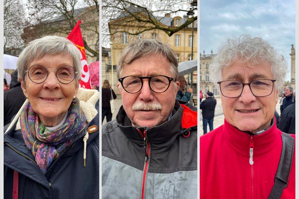 Danielle, Michel et Eugène, retraités venus manifester à Nancy le 26 mars 2024.