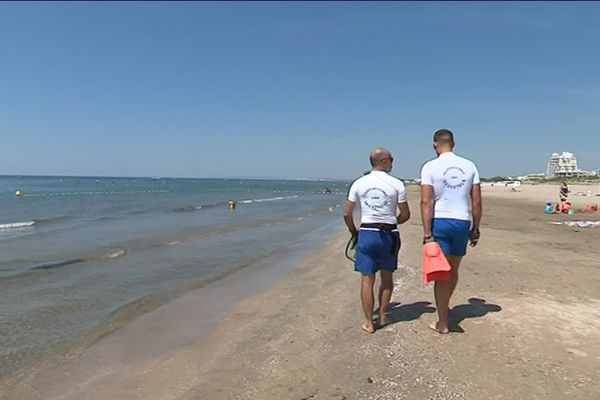 Maîtres-nageurs-sauveteurs CRS sur la plage de la Grande-Motte (Hérault), juillet 2019