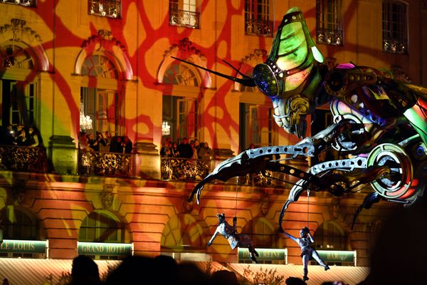 Une sauterelle géante lors du traditionnel défilé de la Saint-Nicolas dans les rues de Nancy.