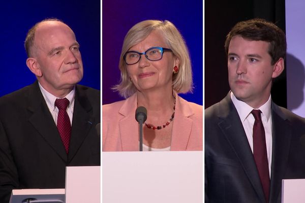 Émission spéciale départementales 2021 dans le Cher sur France 3 Centre-Val de Loire. De gauche à droite : Jean-René Coueille, Véronique Fenoll et Hugo Lefelle.