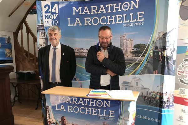 Jean-François Fountaine et Dominique Rougé lors de la présentation de la 29e édition du Marathon de La Rochelle.