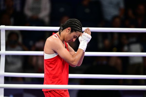 Imane Khelif lors de son combat contre la boxeuse Hongroise, pour les quarts de finale de boxe.