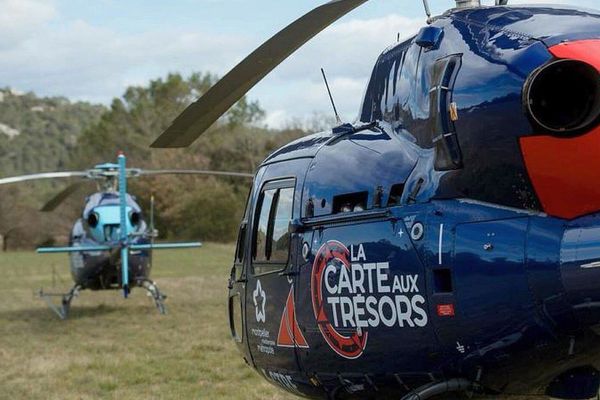 Les hélicoptères de La Carte aux trésors, jeu de France 3, dans les environs de Montpellier - mars 2018.