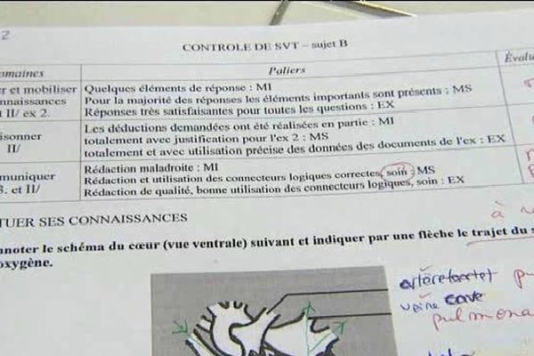 Un exemple de copie où des appréciations remplacent les traditionnels notes de 0 à 20/20.