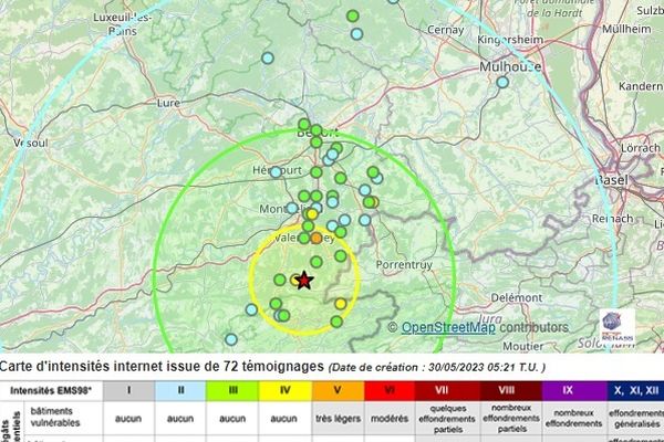 Un séisme à 14 km au sud de Montbéliard, lundi 29 mai 2023, 21h16