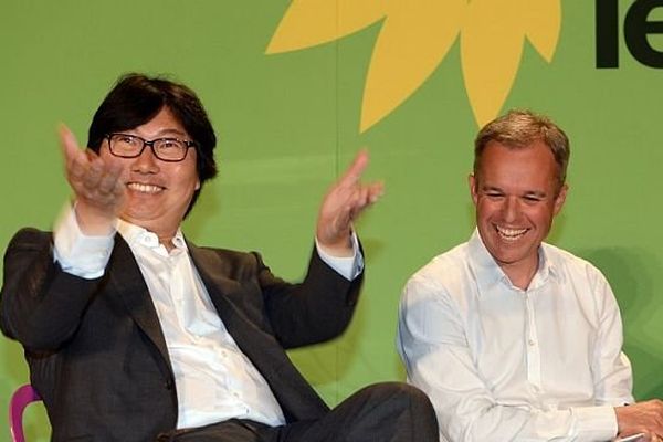 Jean Vincent Placé avec Francois de Rugy, président du groupe EELV à l'Assemblée nationale, à l'université d'été du parti le 22 août 2014. 