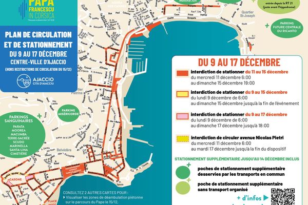 La ville d'Ajaccio a publié une carte des zones où le stationnement ne sera pas autorisé le 15 décembre.