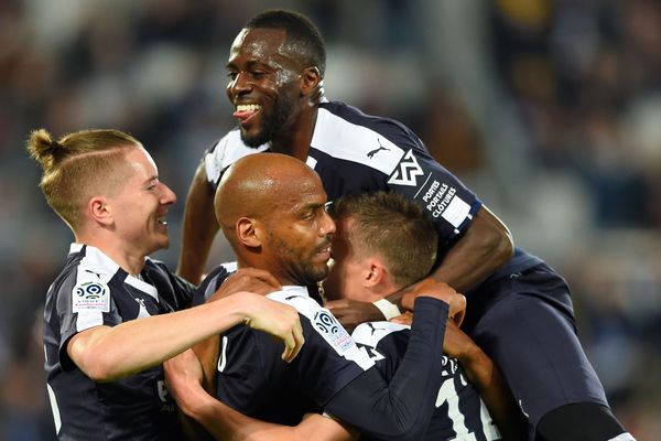 Les Girondins heureux après leur victoire contre Marseille au Stade Matmut pour la 31e journée du championnat de ligue 1 le vendredi 4 avril 2019. 