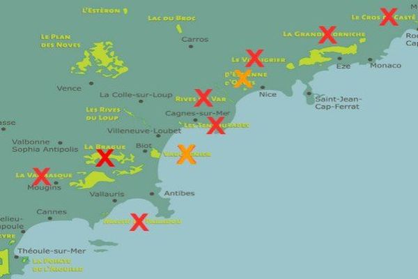 Carte des parcs fermés dans le 06 régulièrement mise à jour. Les croix orange sont pour les fermetures partielles.