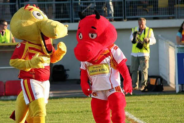 Les mascottes des Dragons Catalans, en rugby à XIII.