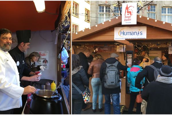 La queue s'étend pour goûter à la soupe carotte-banane du chef étoilé Francis Scordel.