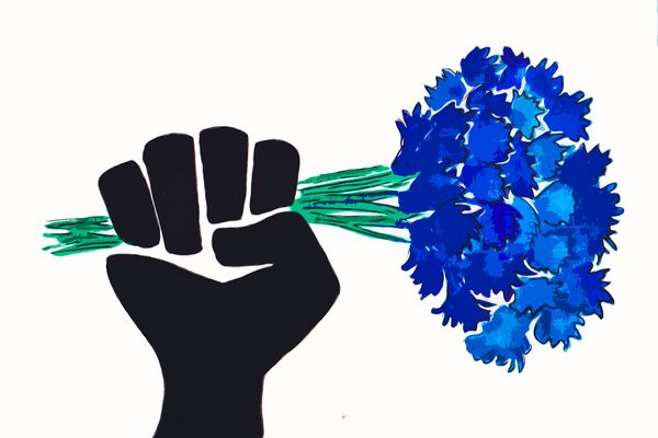 Le logo du collectif du 23 janvier : des fleurs dans un poing brandi.