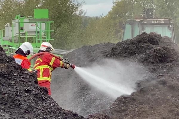 Les pompiers ont aspergé d'eau les déchets verts du centre de recyclage