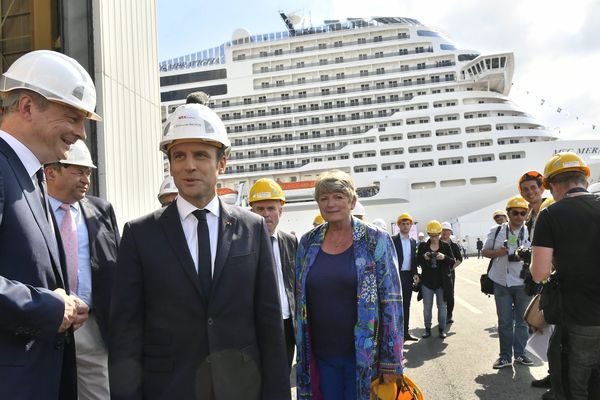 Emmanuel Macron, le Président de la République lors du lancement du paquebot Meraviglia à Saint-Nazaire, le 31 mai 2017