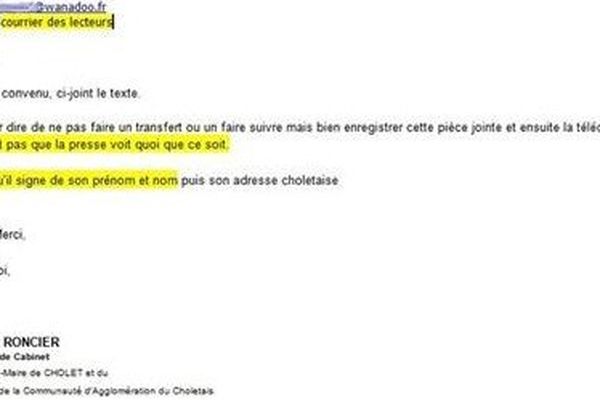 copie d'écran de Ouest-France publiant le mail émis  par le cabinet de Gilles Bourdouleix, député maire de Cholet