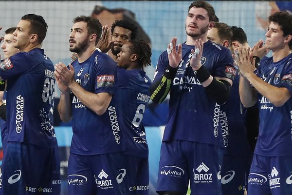 Les joueurs du MHB victorieux après leur match face à Léon le 4 mars 2018 en Ligue des champions