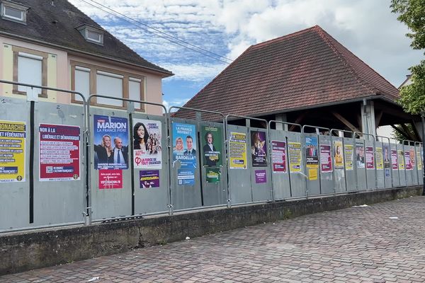 Il y avait 38 listes candidates aux européennes, et autant de panneaux électoraux, ici à Molsheim (Bas-Rhin) qu'il faut enlever, nettoyer et réinstaller en un temps record pour les législatives.