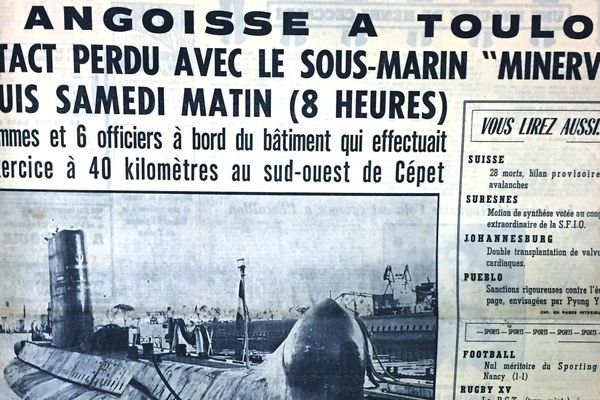 Reproduction Une du quotidien Nice-Matin en 1968. Le minerve sous-marin d'attaque a coulé au large de Toulon le 27 janvier 1968