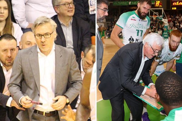 Le coach du BCM Serge Crévecoeur (à gauche), le coach de l'ESSM Christian Monschau (à droite).