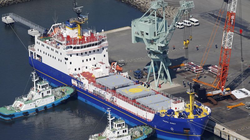 Le MOX a été chargé a bord du Pacific Egret, ici dans le port de Tokaimura au Japon, un navire britannique spécialisé dans ce genre de transport de matière sensible.