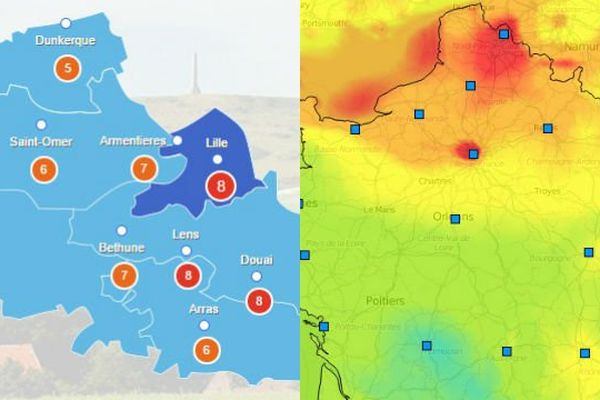 A gauche, aperçu de la carte régionale (source Atmo) sur une échelle allant jusqu'à 10. A droite, aperçu de la carte française, toujours pour le 8 avril 2015 (source Prev'air)