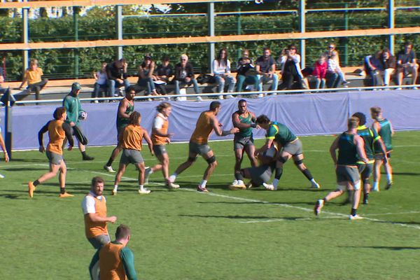 Samedi 7 octobre, dernier entraînement des Wallabies avant de quitter Saint-Galmier. Ils ont été éliminés de la Coupe du monde.