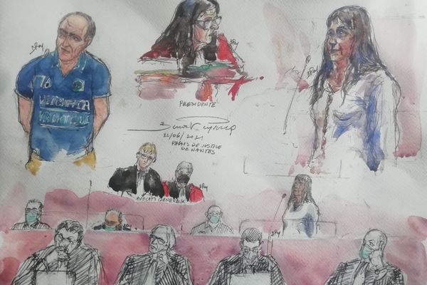 Un croquis d'audience durant le procès de l'affaire Caouissin Troadec à la cours d'assises de Loire-Atlantique, juin/juillet 2021