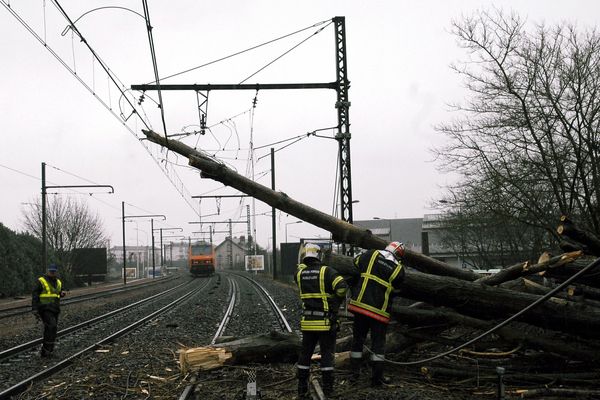Intervention sur une voie SNCF près de Tours (Indre-et-Loire, en région Centre) après une chute d'arbre lors d'une tempête en 2008.