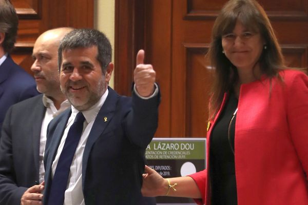 Madrid - Jordi Sanchez est sorti de prison pour s'enregistrer à la chambre des députés espagnoles comme élu du parti Ensemble pour la Catalogne - 20 mai 2019.