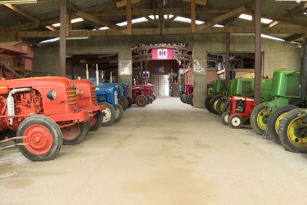 Dans ce hangar sont stockés plus de 70 tracteurs de collection.