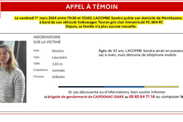 Sandra Lacombe, 42 ans, a quitté son domicile à bord de son Touran vendredi 1er mars entre 11h50 et 12h30. La gendarmerie de l'Aveyron lance un appel à témoins.