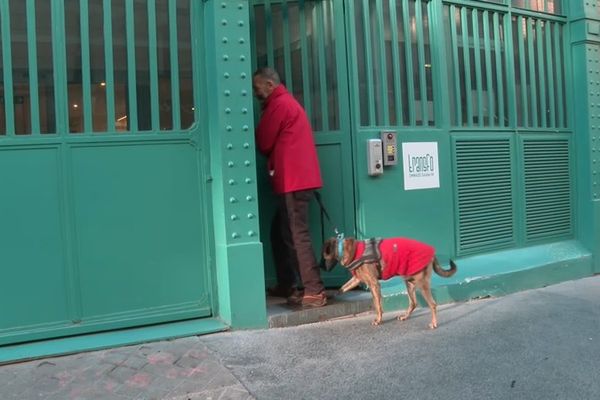 Tony et son chien entrent dans la structure d'hébergement.