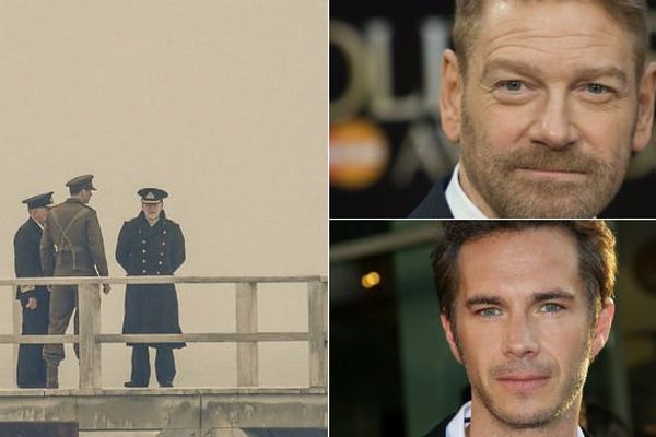 Jame d'Arcy (de dos) et Kenneth Branagh (de face) sur le tournage de "Dunkirk" vendredi.